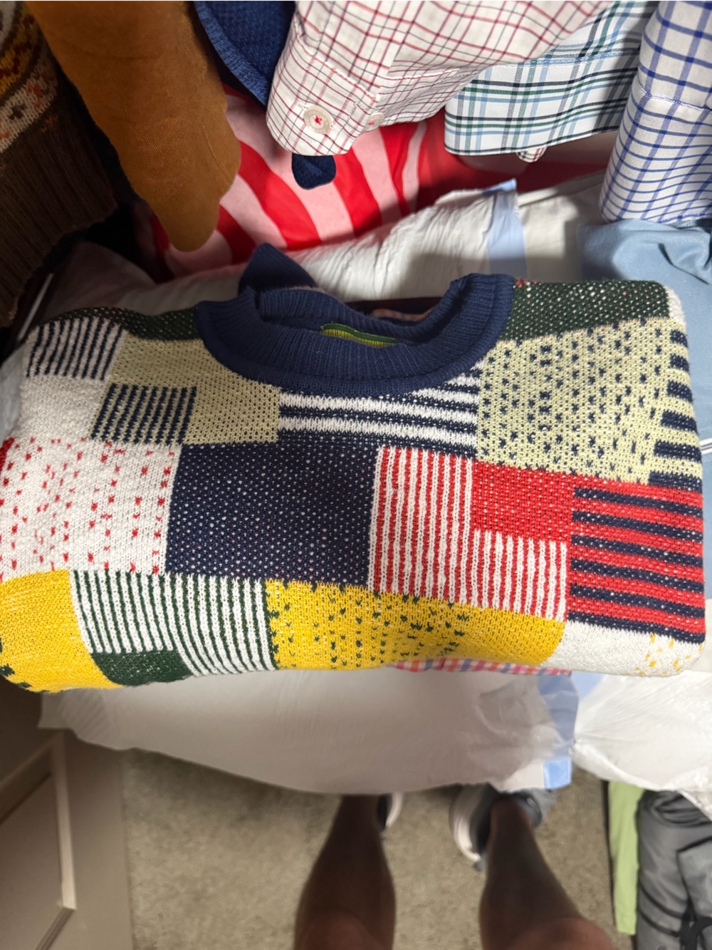 Hanson Mills Multicolor Patchwork Knit Throw in Navy, Yellow, Red, Green, Cream